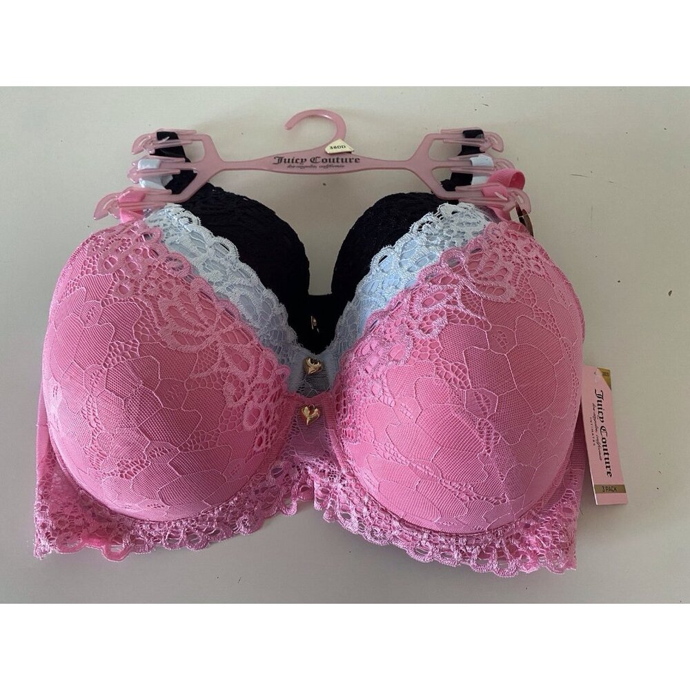 3 Pack Juicy Couture Sexy Push Up Bra Size 38DD Lace Pink Blue Black Padded NEW